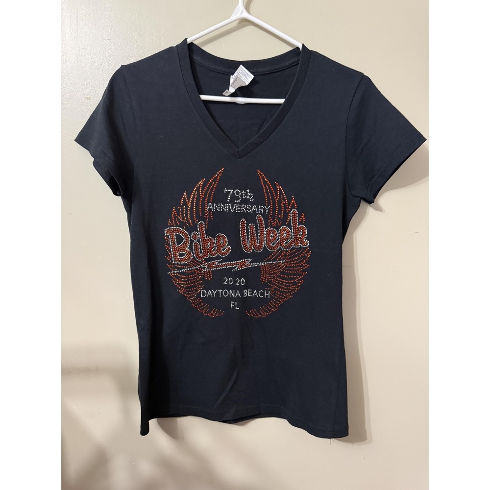 Gildan T-Shirt Womens S Black V-Neck Rhinestone Bike Week Daytona Beach 2020